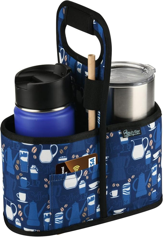 Beautyflier Drink Carrier with Handle for Delivery Reusable Insulated Coffee Cup Carrier Portable Cup Holder with Handle Organizer Tote Bag for Hot & Cold Drinks (2 Cup, Pattern2)-CubbioJoy