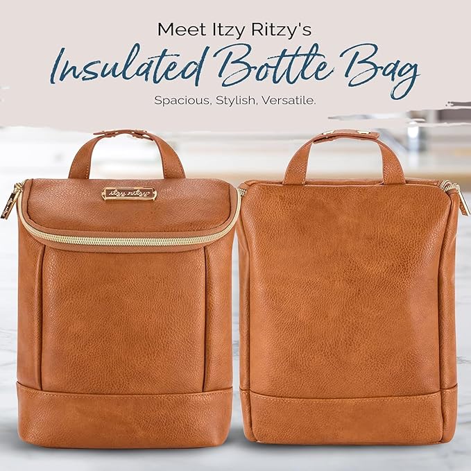 Itzy Ritzy Insulated Bottle Bag – Keeps Bottles Warm or Cool - Holds 3 Bottles & Features Interior Pocket for Ice Pack (Not Included), Cognac-CubbioJoy