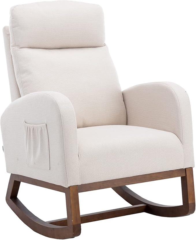 Dolonm Nursery Rocking Chair for Living Room, Upholstered Mid-Century Modern Nursery Rocking Armchair Tall Back Accent Glider Rocker, Beige-CubbioJoy