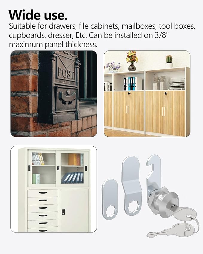 8 Packs Drawer and Cabinet Locks (Keyed Different) Secure Important Files, 5/8Inch 16mm Cam Locks with 3 pcs Different Lock Plates for Cabinet Cupboard File Drawer Mailbox Dresser Kitchen-CubbioJoy