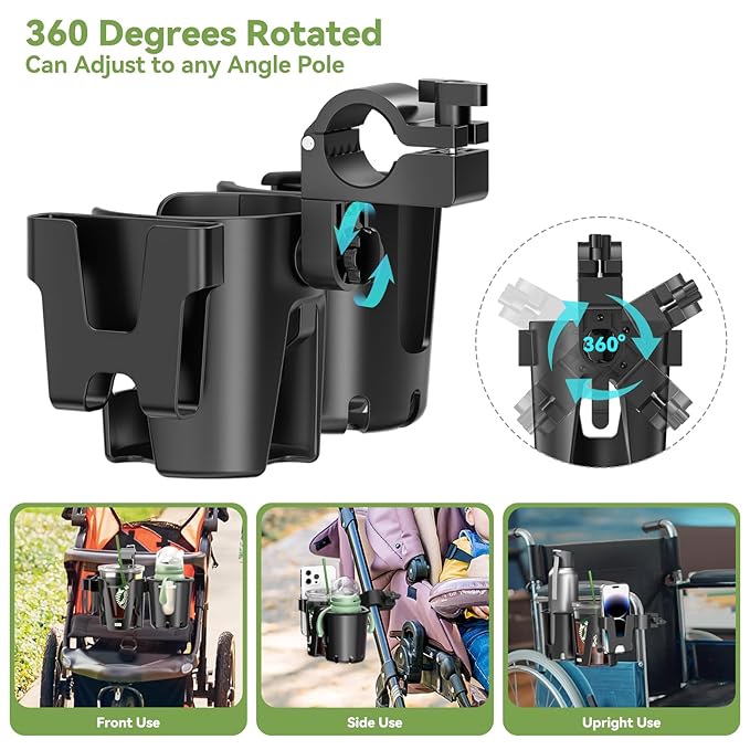KDD Stroller Cup Holder with Phone Holder, 3-in-1 Removable Bottle Holder, 360 Degrees Rotation Drink Holder for Wheelchair, Stroller, Bike, Walker, Scooter, Bicycle, Uppababy, Bugaboo, Britax-CubbioJoy