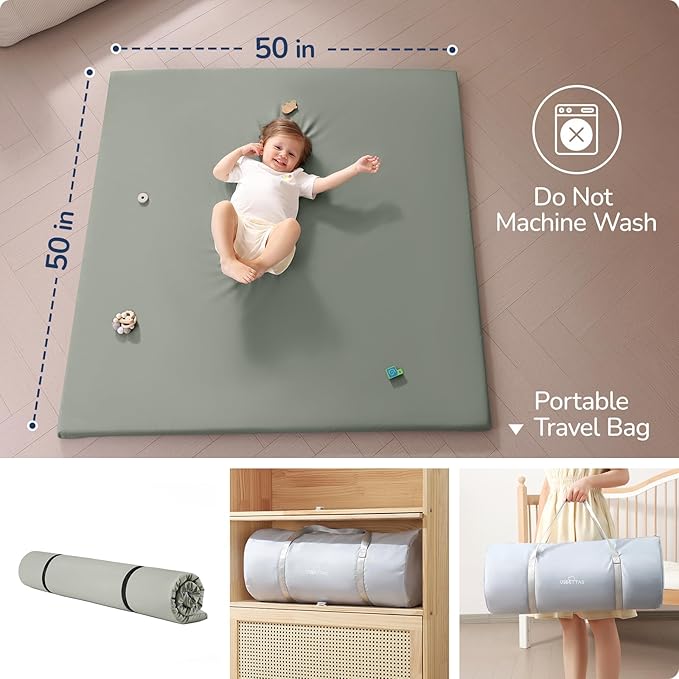 Baby Play Mat for Floor,1.3'' Thick Memory Foam Play Mat,50''x50'' Tummy Time Mat with PU Leather,Cushioned & Waterproof Playpen Mats,Non Slip Crawling Padded for Toddlers,Infants,Kids-CubbioJoy