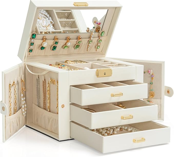 AKOZLIN Large 4-Tier Jewelry Box Leather Jewelry Storage Organizer with 3 Drawers Lockable for Women Girls Ring Necklace Earring Bracelet Watches Holder with Mirror White-CubbioJoy