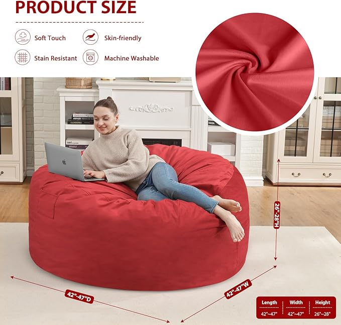 4FT Bean Bag Chair, Large Bean Bag Chairs with Memory Foam Filled, Fluffy Beanbag Sofa with Dutch Velvet Cover, Round BeanBag Chairs for Living Room, Playroom - Red-CubbioJoy