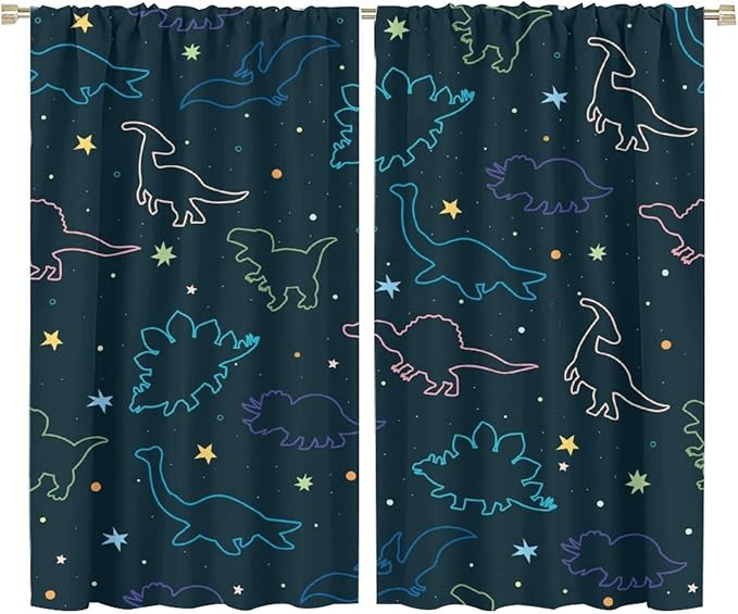 Cartoon Colorful Dinosaur Curtains for Kids Boys Girls Home Decor, Astronaut Funny Outer Space Star Blackout Rod Pocket Window Drapes for Bedroom Living Room W36xL63in 2 Panels-CubbioJoy