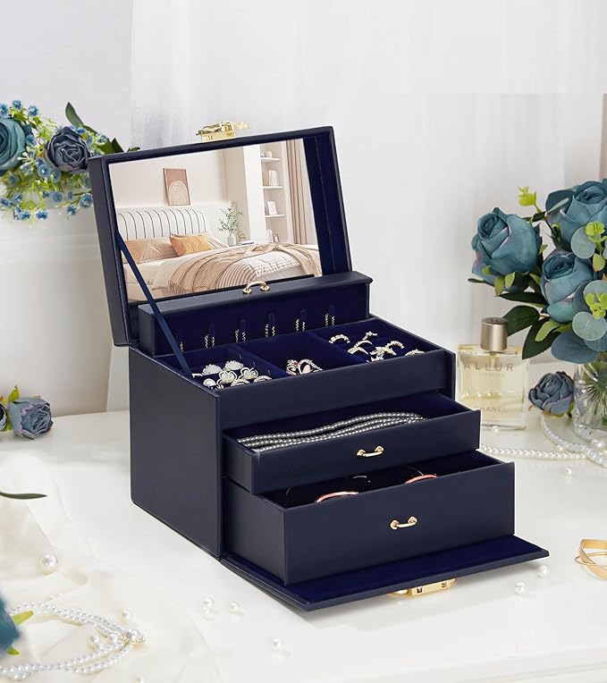 Jewelry Box with Lock for Girls: Jewelry Organizer for Dresser - 3-Drawer Earrings Storage Girls Women Gift (Dark Blue-CubbioJoy