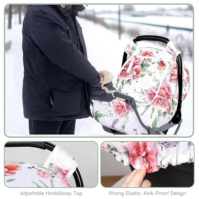 Baby Carseat Cover Girls, Pea Pod Floral Infant Car Seat Covers Canopy for Newborn with 2 Layers Windows of Breathable Mesh/Fabric, Lightweight Polyester/Minky Dot Backing, Snug Fit Most Baby Car Seat-CubbioJoy