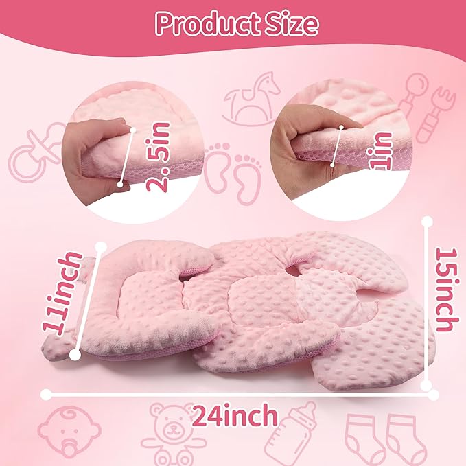 3in1 Reversible Carseat Head Body Support Newborn,3D Minnky Infant Car Seat Insert,Extra Soft Breathable Baby Car Seat Pillow Cushion Boys Girls,fit Stroller,Bouncer,Swing(Pink)-CubbioJoy
