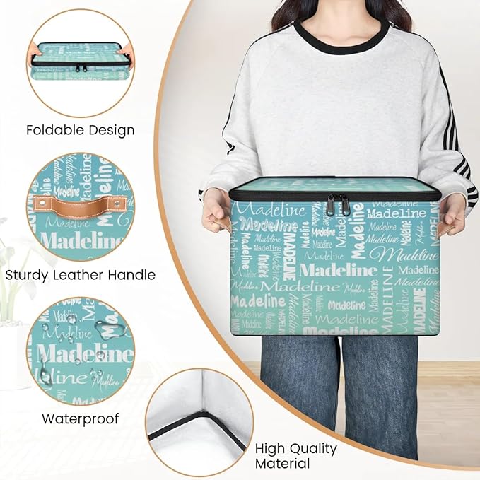 Custom Storage Basket with Name, Personalized Storage Bins with Zipper Lid, Foldable Fabric Storage Box Large capacity with Handle Grey Blue Green-CubbioJoy