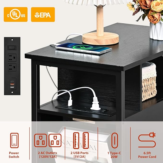 Black Side Tables, End Table with Charging Station, Narrow End Table with 2 Wooden Drawers, USB Ports and Power Outlets, Slim Nightstand and Bedside Table, End Tables Living Room, Bedroom-CubbioJoy