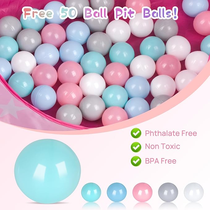 Baby Ball Pit for Toddler with 50 Balls, Pop Up Princess Tent with Star Lights for 1 2 3 Year Old Birthday Gift, 12-18 Months Baby Girl Toys with Carrying Bag, Indoor&Outdoor Play Tent for Kids-CubbioJoy