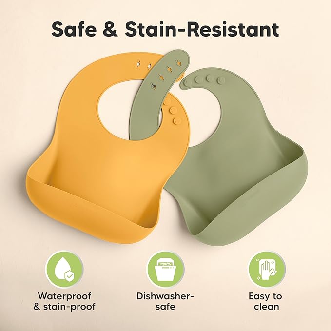 KeaBabies 2-Pack Silicone Baby Bibs for Eating - Sturdy Food-Grade Silicone Bibs for Babies Girl, Boy, Large Food Catcher, Clean & Put On Easily, Waterproof Toddler Feeding Essentials (Harvest)-CubbioJoy