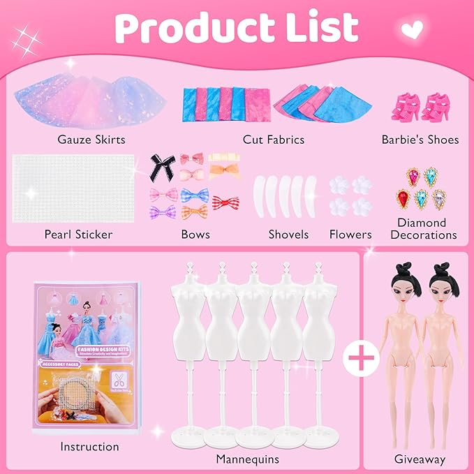 AHCo. Fashion Designer Kit with 5 Mannequins & 2 Extra Poseable Dolls, Sewing & Arts Crafts Kit for Girls Ages 5 6 7 8-12, Creative Birthday Gift for Kids-CubbioJoy