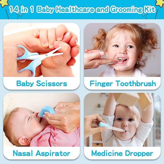 Baby Grooming Kit，Infant Safety Care Setwith Hair Brush Comb Nail Clipper Nasal Aspirator, Baby Essentials Kit for Newborn Girls Boys (14 PC-Blue Kit)-CubbioJoy