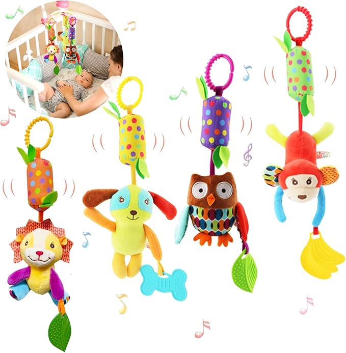 BLOOBLOOMAX Baby Soft Hanging Rattle, Car Seat Stroller Toys with Plush Animal C-Clip Ring for Infant Babies Boys and Girls 3 6 9 to 12 Months (4pcs)-CubbioJoy
