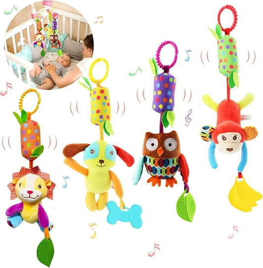 BLOOBLOOMAX Baby Soft Hanging Rattle, Car Seat Stroller Toys with Plush Animal C-Clip Ring for Infant Babies Boys and Girls 3 6 9 to 12 Months (4pcs)-CubbioJoy
