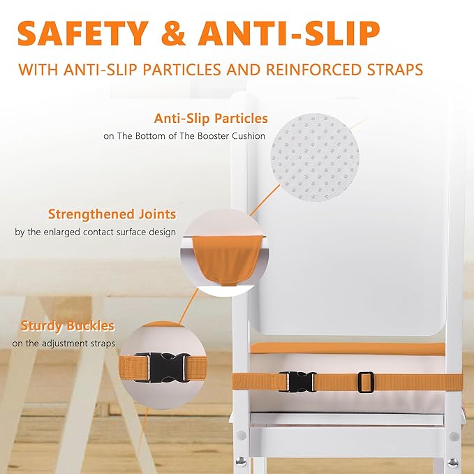 Booster Seat for Kitchen Chair with Adjustable Straps, Toddler Booster Seats for Dining Table Portable for Travel Camping Eating, Booster Cushion for Table for Baby Child Infant Kid Boy Girl-CubbioJoy