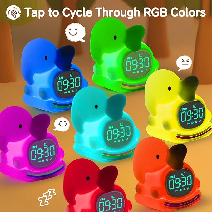 Alarm Clock for Kids with Night Light, Sleep Training Clock Time to Wake Clock, Rechargeable Silicone Light for Bedroom, Perfect Sleep Companion for Boys Girls, Green Elephant-CubbioJoy