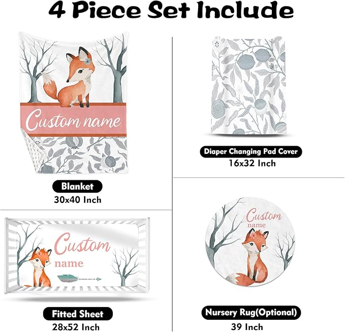 Custom Nursery Crib Bedding Set: Personalized Name 4 Piece Fox Pattern Baby Crib Sets for Girls - Toddler Double Layer Blanket Set, Comfortable Crib Bed Sheets for Baby Toddlers-CubbioJoy