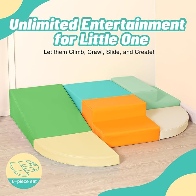 6-Piece Soft PU Leather Toddlers Climbing Toys, Baby Foam Climbing Blocks for Toddlers 3, Indoor Climb and Crawl Activity Play Set, Foam Play Gym Climbing Structures (Orange and Green)-CubbioJoy