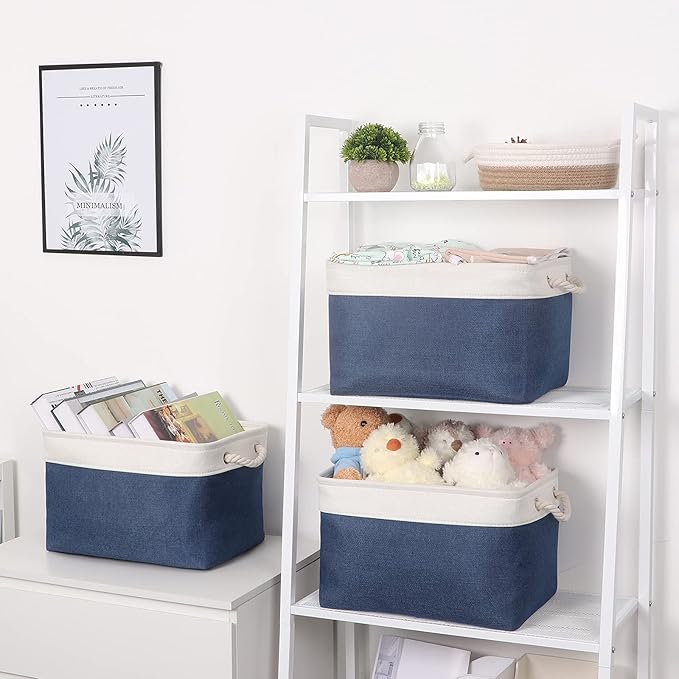 Bidtakay Storage Baskets Collapsible [3-Pack] Decorative Storage Bins with Cotton Rope Handles 15 X 11 X 9.5 Inch Organizing Baskets for Shelves Clothes Closet Navy Blue Baskets for Gifts Empty-CubbioJoy