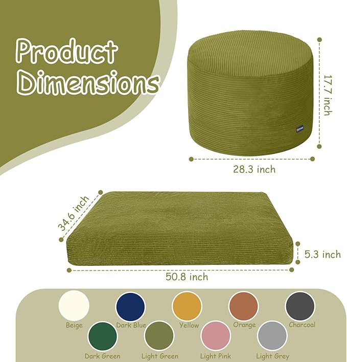 COMAX Kids Bean Bag Chair Turn into Beanbag Bed, Toddler Bean Chair Corduroy for Girl Boy Sleeping, Lazy Children Bean Bags with Filler, Convertible Child Floor Mattress, Light Green-CubbioJoy