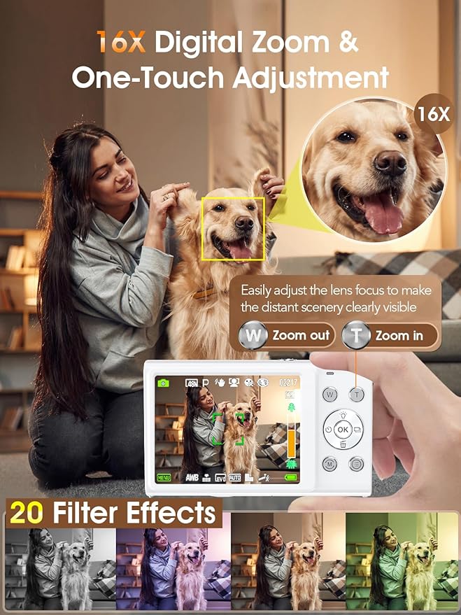 Digital Camera,Autofocus 4K Vlogging Camera for Photography with 32GB Card,48MP Portable Compact Point and Shoot Digital Camera for Teens Adult Beginner with 16X Zoom,Anti-Shake,2 Batteries(White)-CubbioJoy
