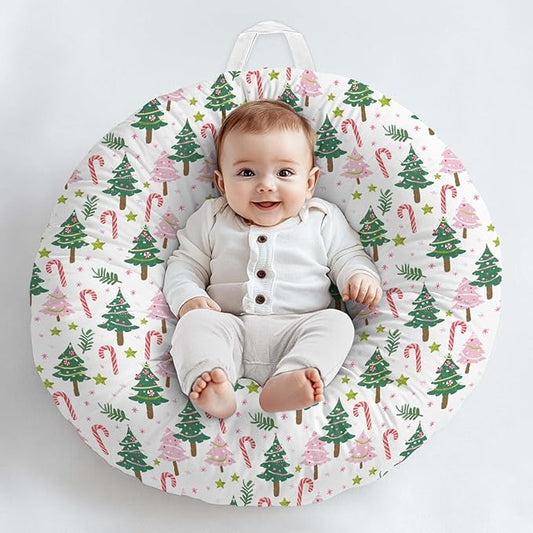 Cartoon Winter Christmas Tree Stars Leaves Pattern Baby Lounger Cover, Unisex Removable Infant Newborn Snug Fit Floorseat Sleeping Lounger Slipcover for Boys Girls Lounger Pillow, Cover Only-24*26-CubbioJoy