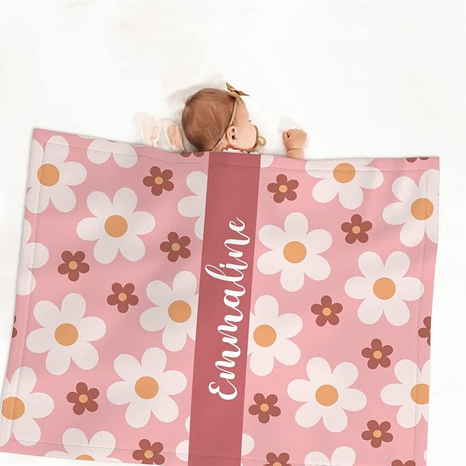 Custom Name Crib Bedding Set for Baby Girls – Personalized Pink Flower 3-Piece Nursery Bedding with Blanket, Fitted Sheet & Pillowcase – Baby Infant Toddler Shower Gift-CubbioJoy