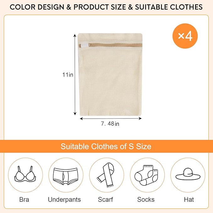 4 Piece Small, Durable Organic Cotton Mesh Laundry Bag with Strong Zipper and Breathable Mesh, Delicate Laundry Bag for Underwear, Clothes, Pants and Socks-CubbioJoy