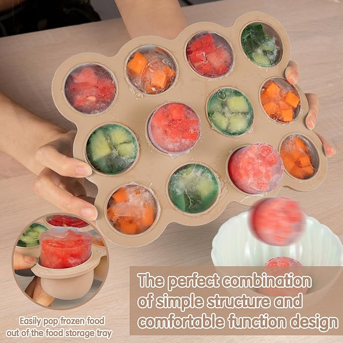Baby Food Storage 12 x 1.5OZ Silicone Freezer Tray with Lid, Food Grade Silicone Containers for Purees & Vegetables Light Brown-CubbioJoy