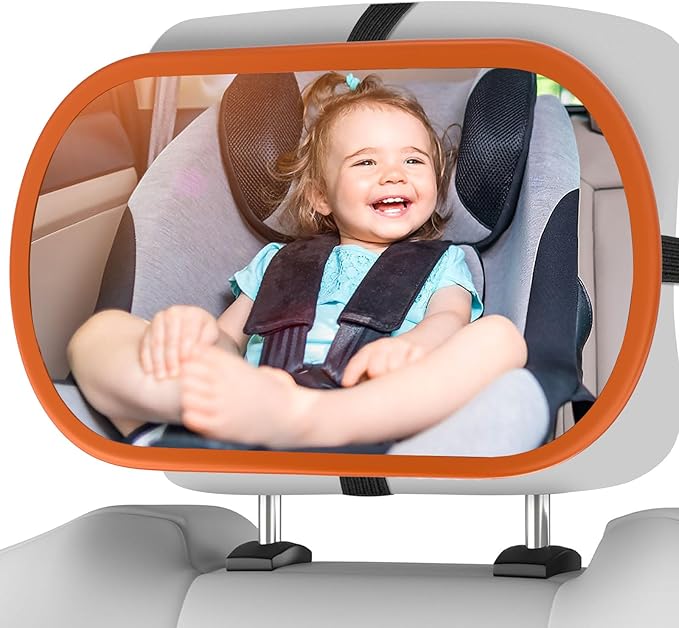 Baby Car Mirror, Safety Car Seat Mirror for Rear Facing Infant, Clear Wide View, 360°Rotation, Easily Observe the Baby Move, Secure, Shatterproof, Crash Tested and Certified(Orange)-CubbioJoy