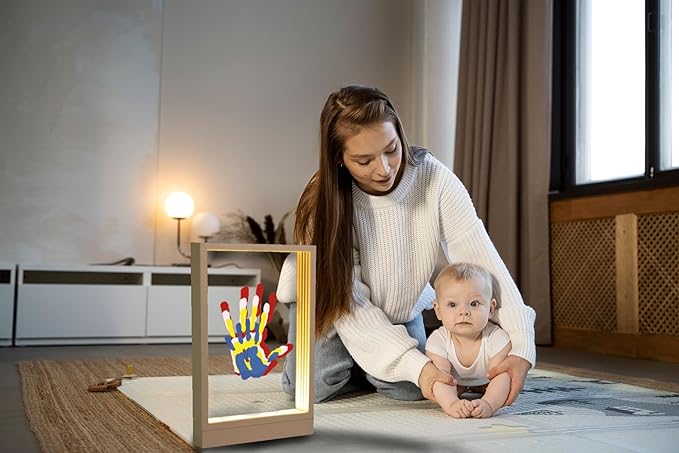 CHERRY CHEERS Family Handprint Kit with Light, Handprint Keepsake Frame, Wooden Led Light, Easy Install, No Need Screw etc, Non-Toxic Paints (White)-CubbioJoy