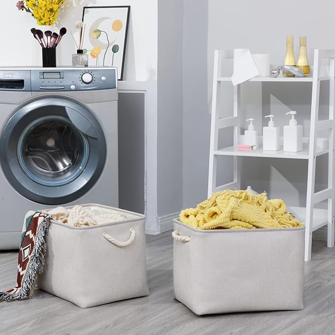 Bidtakay Large Fabric Storage Bins Beige Linen Closet Organizers Set of 2 Baskets for Shelves Clothes Bedroom 16x11.8x11.8 Inch Foldable Organization Baskets for Towels Blankets Storage Dog Toys-CubbioJoy