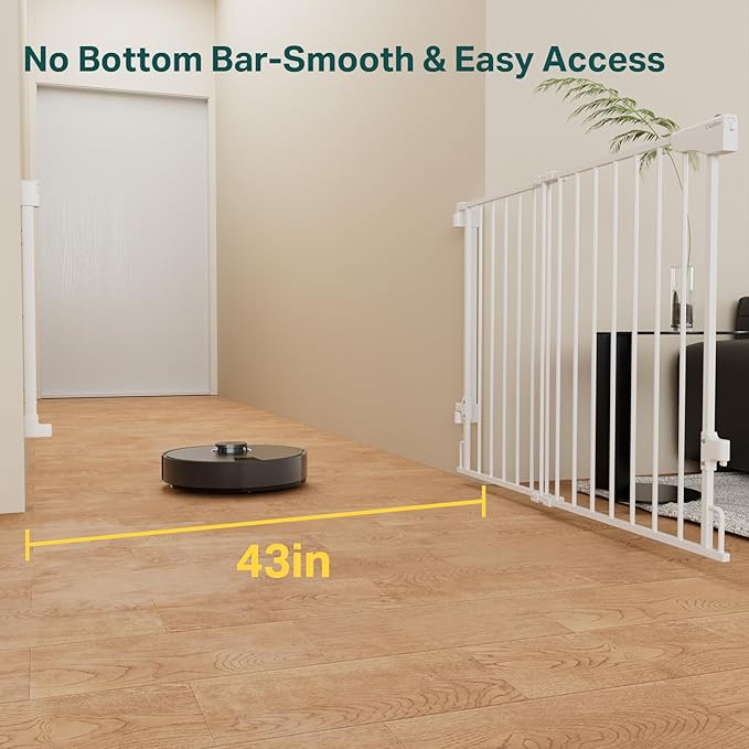 Cumbor 29.2-43" No Bottom Bar Baby Gate for Stairs, 2-in-1 Hardware Mounted Dog Gate Indoor, Auto Close Pet Gate for Doorways with Large Walk Thru Door, Wide Child-Proof Safety Gates for Kids (White)-CubbioJoy