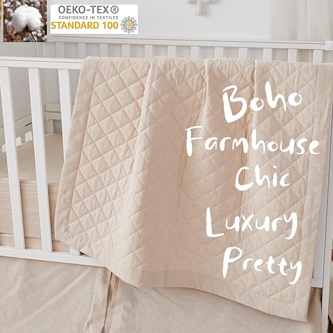 Brandream Baby Crib Bedding Sets for Girls Boys Gender Neutral Boho Bohemian Farmhouse Chic Classic Quilted Plaid 6-Piece Nursery Bedding Set - 100% Washed Cotton Beige-CubbioJoy