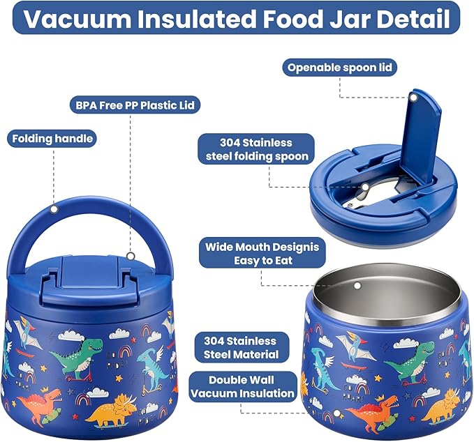 14oz Insulated Vacuum Food Jar with Buckle Lid,Soup Thermo for Hot Food Kids,Wide Mouth Leakproof Stainless Steel Lunch Container with Spoon-Dinosaur-CubbioJoy