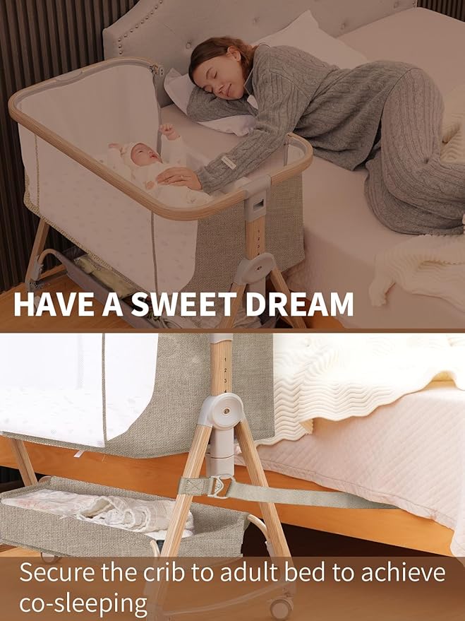 Baby Bassinet, Bassinet Bedside Sleeper with Waterproof Bassinet Sheets and Soft Mattress, Safe Adjustable Height Bedside Bassinets with Wheels, Girl/Boy Bassinets, Khaki-CubbioJoy