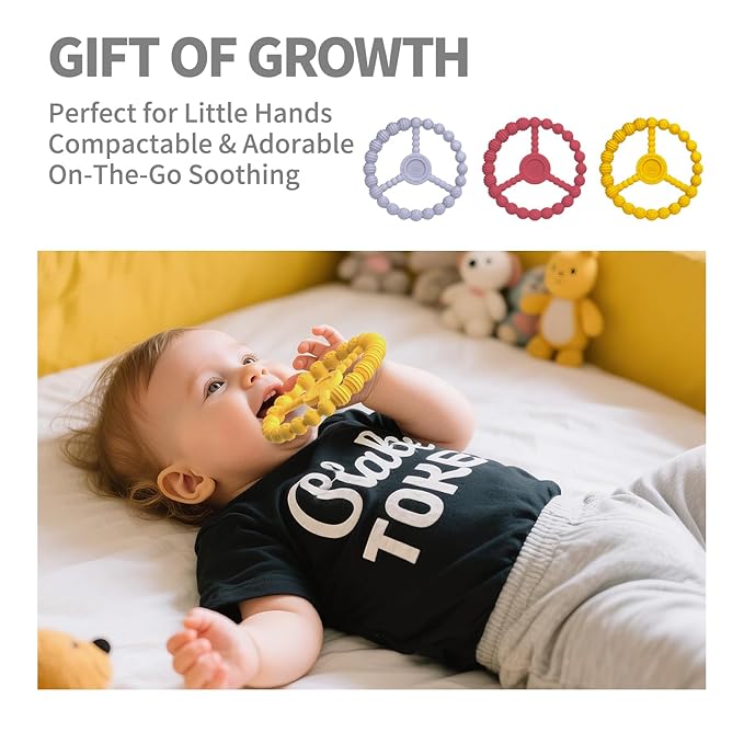 3 Pack Baby Teething Toys 3-6 Months, Silicone Ring Teethers for Babies 6-12 Months, Freezer Safe Chew Toy with Textured Grip for Boys Girls Teething Relief, Infant Easter Gift (Lavender Yellow Red)-CubbioJoy