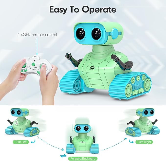 ALLCELE Robot Toys, Rechargeable RC Robots for Kids Boys, Remote Control Toy with Music and LED Eyes, Ideal Gift for Children-Green Blue-CubbioJoy