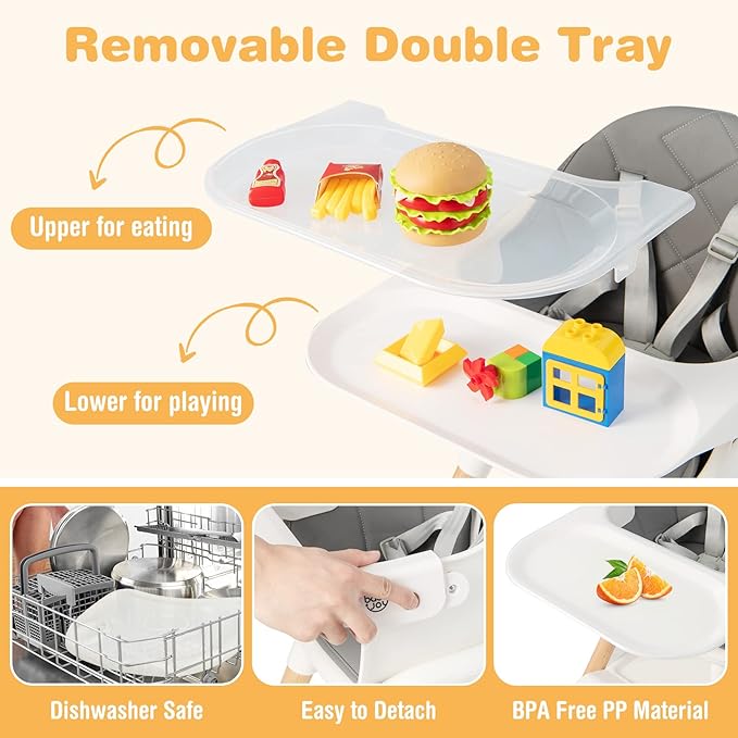 BABY JOY Baby High Chair, 6 in 1 Convertible Wooden High Chair for Babies & Toddlers with Adjustable Legs, Double Removable Tray, Safety Harness & Waterproof PU Cushion (White)-CubbioJoy
