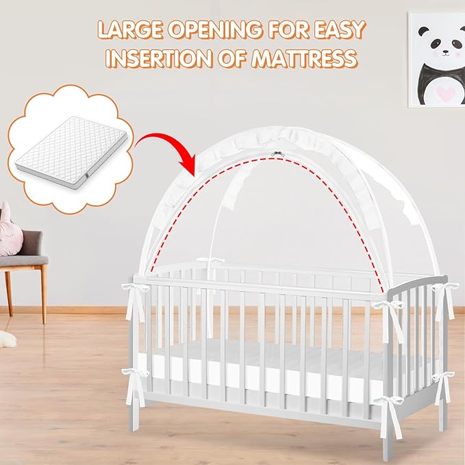 Crib Tent to Keep Baby from Climbing Out - Crib Net to Keep Baby in - Pop Up Breathable Cribs Cover - Canopy with Upgrade Strong Mesh and Durable Zipper (White, Lager)-CubbioJoy