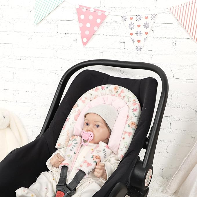 Baby Car Seat Head Support for Newborn, GFU 2 in 1 Infant Car Seat Head Body Support with Strap Pads, Soft Stroller Cushion Pillow Insert for Girls, Fits for Stroller, Swing, Pink Floral-CubbioJoy