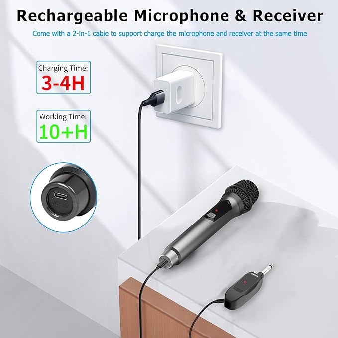 Aveek Wireless Microphone for Karaoke, 2.4GHz Rechargeable Karaoke Microphone(Work 10hs), for Speaker, Karaoke Machine,Church, Speech, Wedding, Party Singing, Grey,1 Pack-CubbioJoy