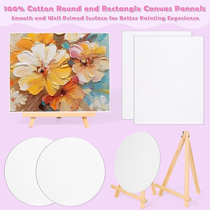 Date Night Painting Kit, 62 Pcs Detail Paint Brushes Canvas Panels with Wood Easel 12 Colors Acrylic Paint, Circular Canvas Art Aprons Sip and Paint Supplies for Adults, Kids, and Beginner-CubbioJoy