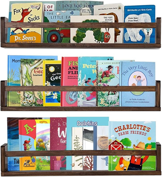 AZSKY Nursery Book Shelves 24 in Set of 3 Walnut Floating Bookshelf for Kids Room Wall Mounted Floating Shelves Solid Nursery Bookshelf Perfect Decor for Kitchen Bedroom Living Room-CubbioJoy