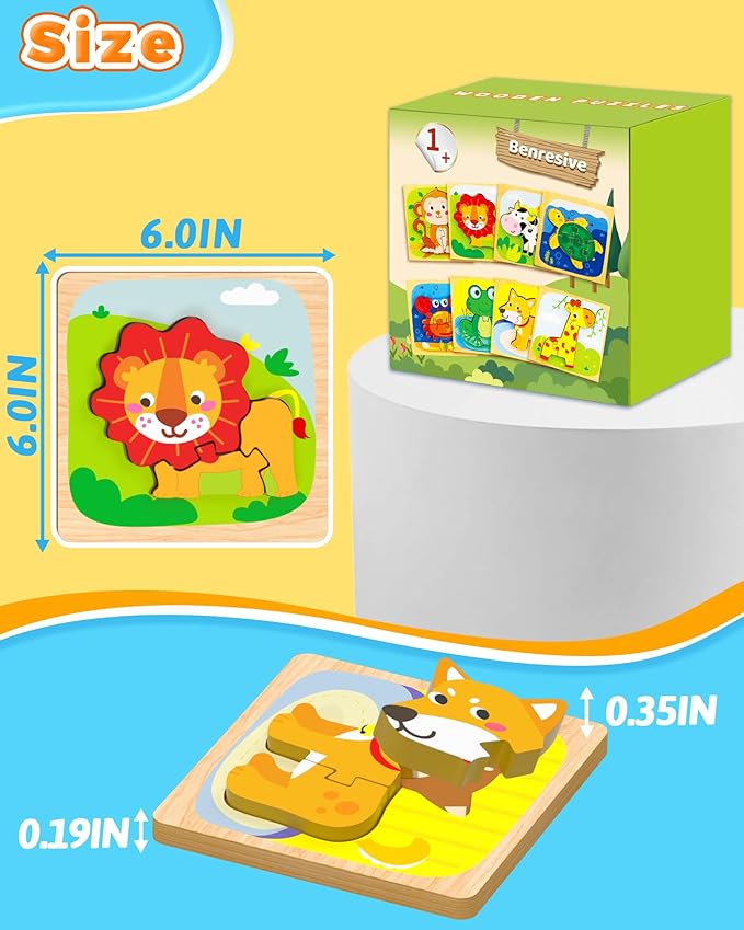 Benresive Wooden Toddler Puzzles, 8pcs Animal Montessori Toys for 1-3 Year Old Boys & Girls, Learning Educational Preschool Toys, Great Gifts for 1 2 3 Year Olds-CubbioJoy