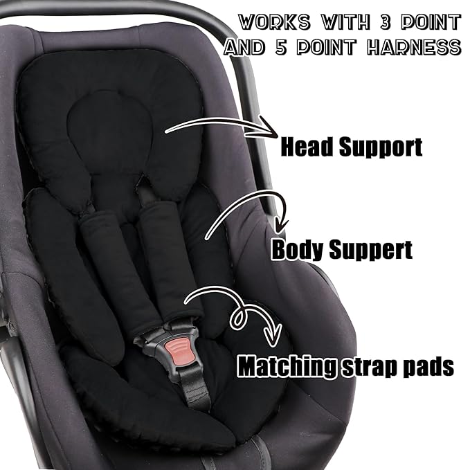 Infant Car Seat Insert Head and Body Support, GFU Reversible Newborn Insert for Carseat with Strap Pads, Soft Stroller Cushion Pillow Insert for Boys and Girls, Fits for Stroller, Swing, Black-CubbioJoy