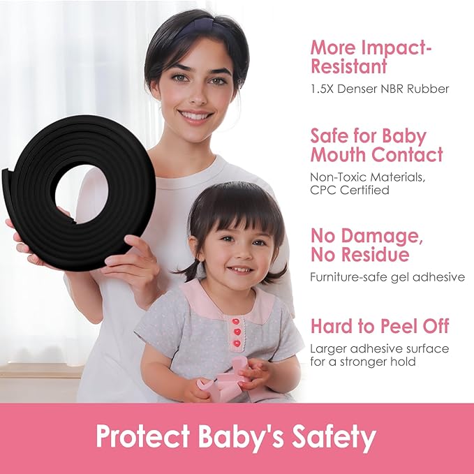 Baby Proofing Corners and Edges Protector Guards (16.5FT Edge +8 Corners), Soft Rubber Foam Edge Protector with Removable Double Sided Tapes, Furniture Table Bumper Guard for Baby Safety-Black-CubbioJoy