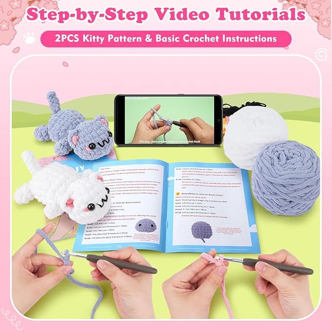 Crochet Kit for Beginners - 2PCS Kitty Crochet Kit with Step-by-Step Video Tutorials, Crochet Starter Kit for Adults and Kids, Learn to Crochet Cat, Beginner Crocheting Kit Easy Peasy Yarn-CubbioJoy
